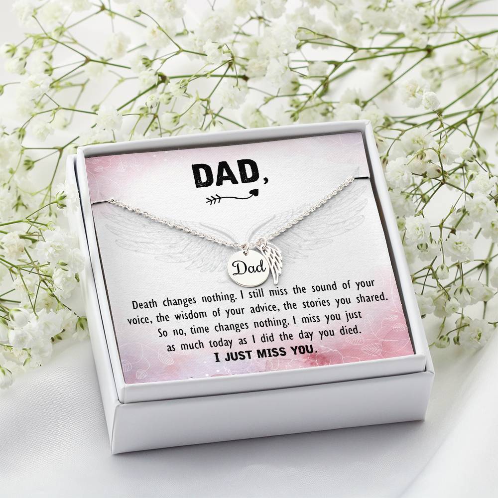 Death Changes Nothing Remembrance Necklace for Dad Angel Wing Charm Stainless Steel or 18k Gold Finish-Express Your Love Gifts