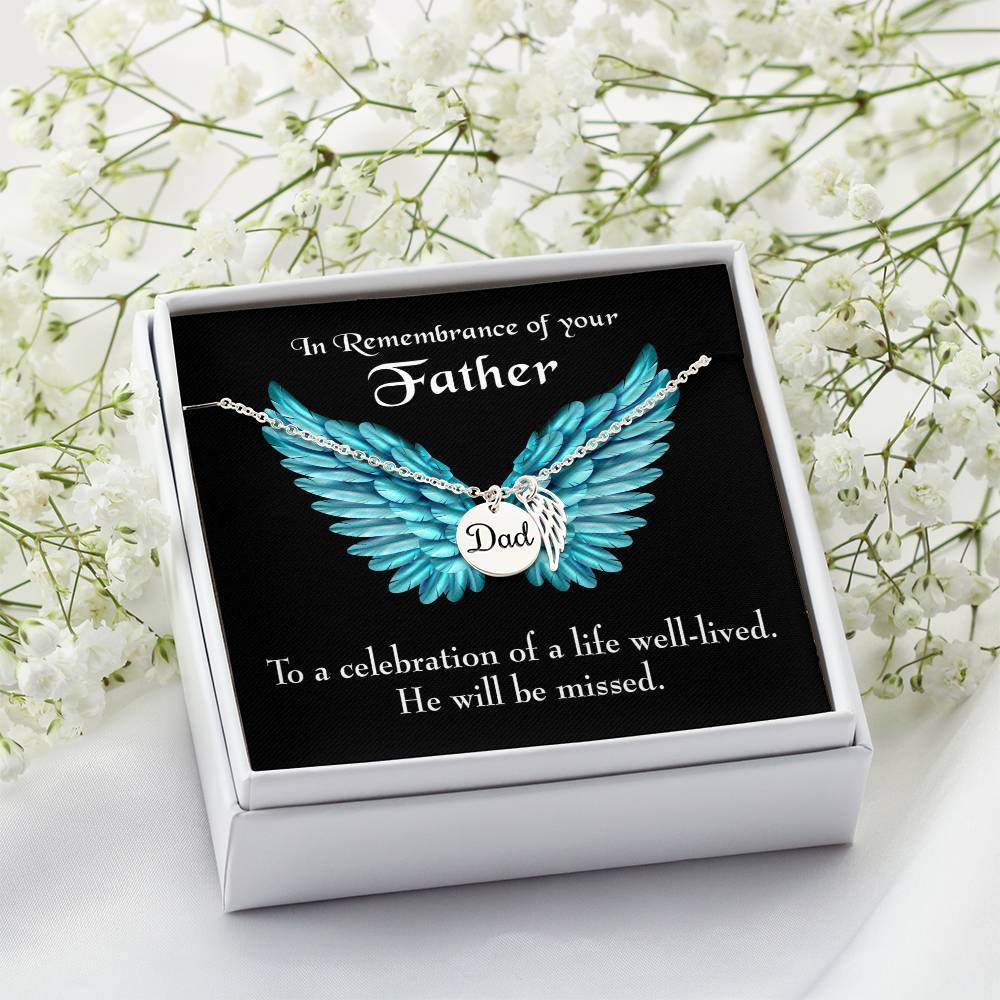 He Will Be Missed Remembrance Necklace for Dad Angel Wing Charm Stainless Steel or 18k Gold Finish-Express Your Love Gifts
