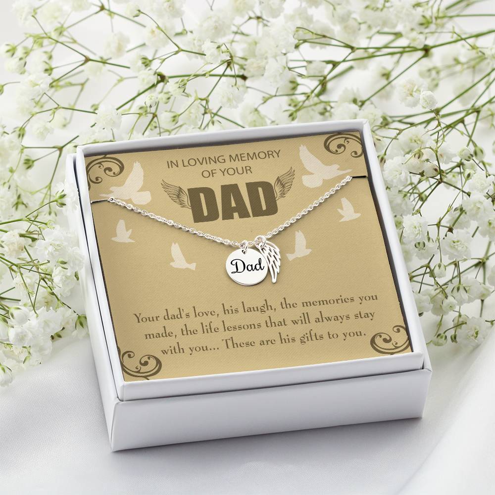 In Loving Memory Remembrance Necklace for Dad Angel Wing Charm Stainless Steel or 18k Gold Finish Remembrance Necklace for Dad Angel Wing Charm Stainless Steel or 18k Gold Finish-Express Your Love Gifts