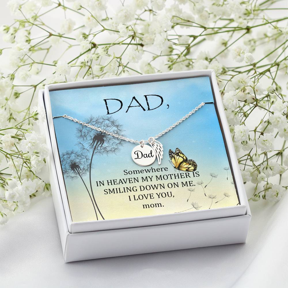 Somewhere in Heaven Remembrance Necklace for Dad Angel Wing Charm Stainless Steel or 18k Gold Finish-Express Your Love Gifts