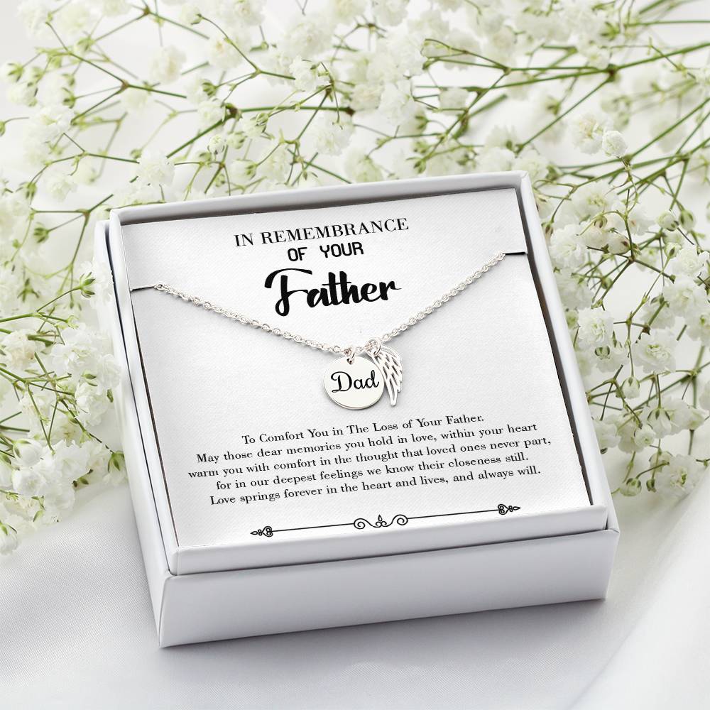 Love Springs Forever Remembrance Necklace for Dad Angel Wing Charm Stainless Steel or 18k Gold Finish-Express Your Love Gifts