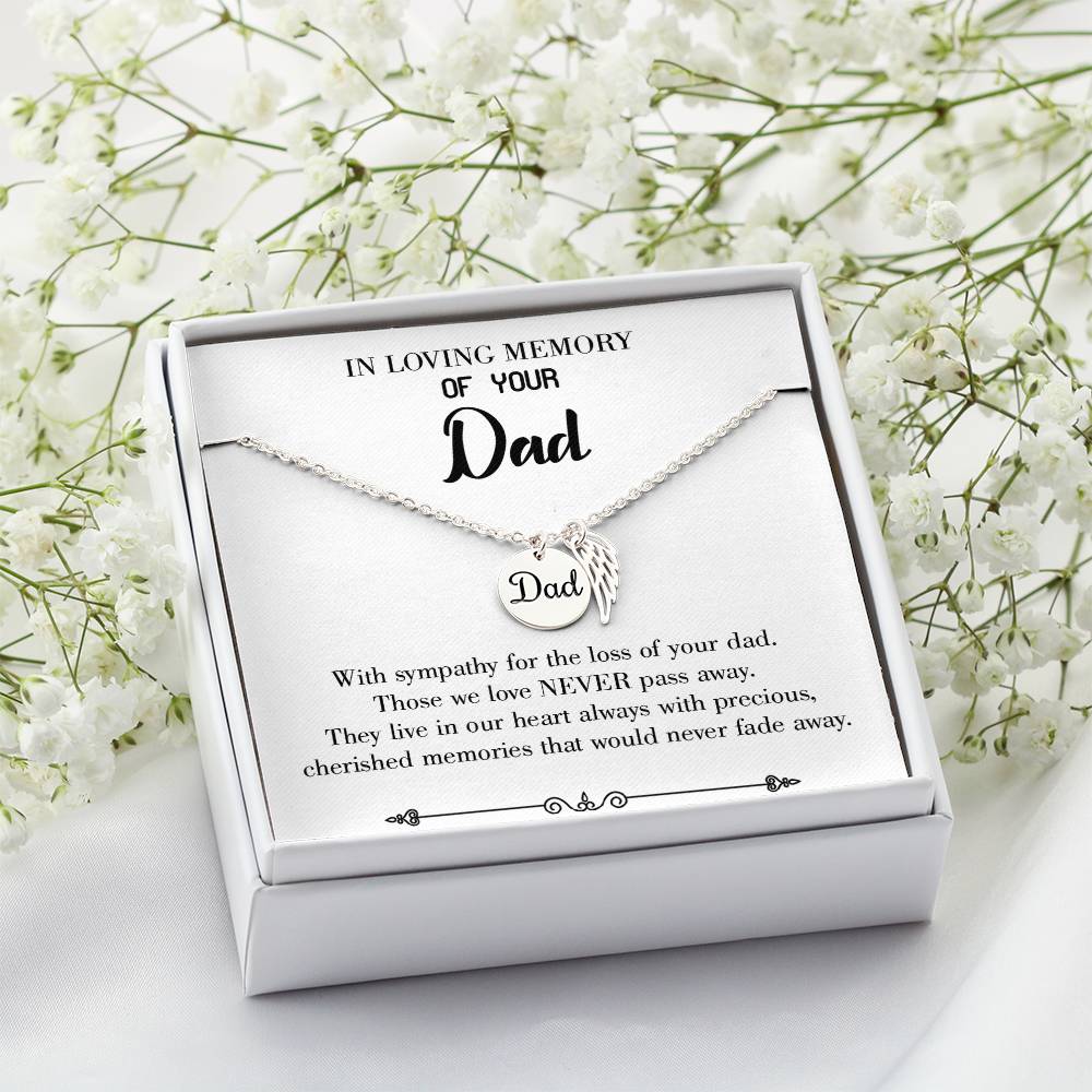Never Fade Away Remembrance Necklace for Dad Angel Wing Charm Stainless Steel or 18k Gold Finish-Express Your Love Gifts