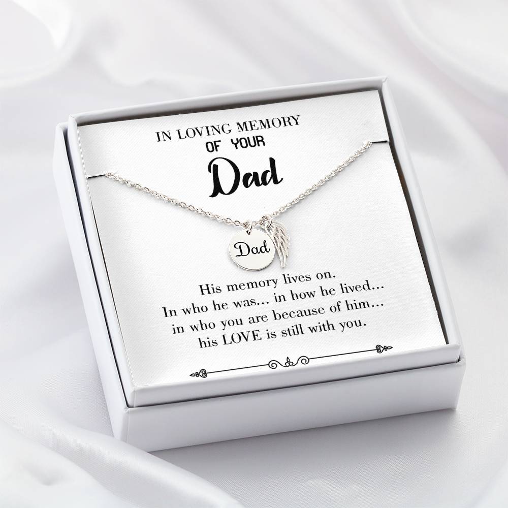 His Memory Lives Remembrance Necklace for Dad Angel Wing Charm Stainless Steel or 18k Gold Finish-Express Your Love Gifts
