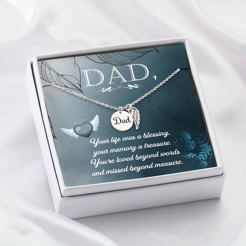 Your Life Was a Blessing Remembrance Necklace for Dad Angel Wing Charm Stainless Steel or 18k Gold Finish-Express Your Love Gifts