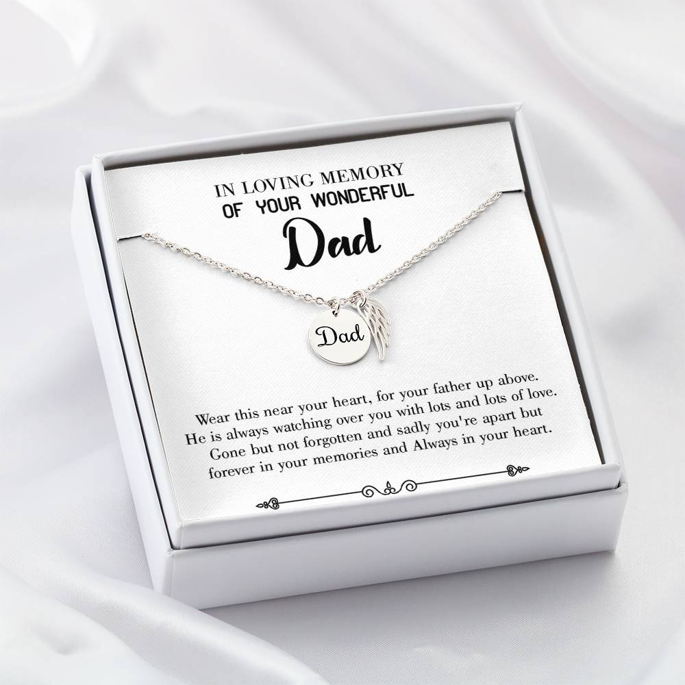 Father Up Above Remembrance Necklace for Dad Angel Wing Charm Stainless Steel or 18k Gold Finish-Express Your Love Gifts