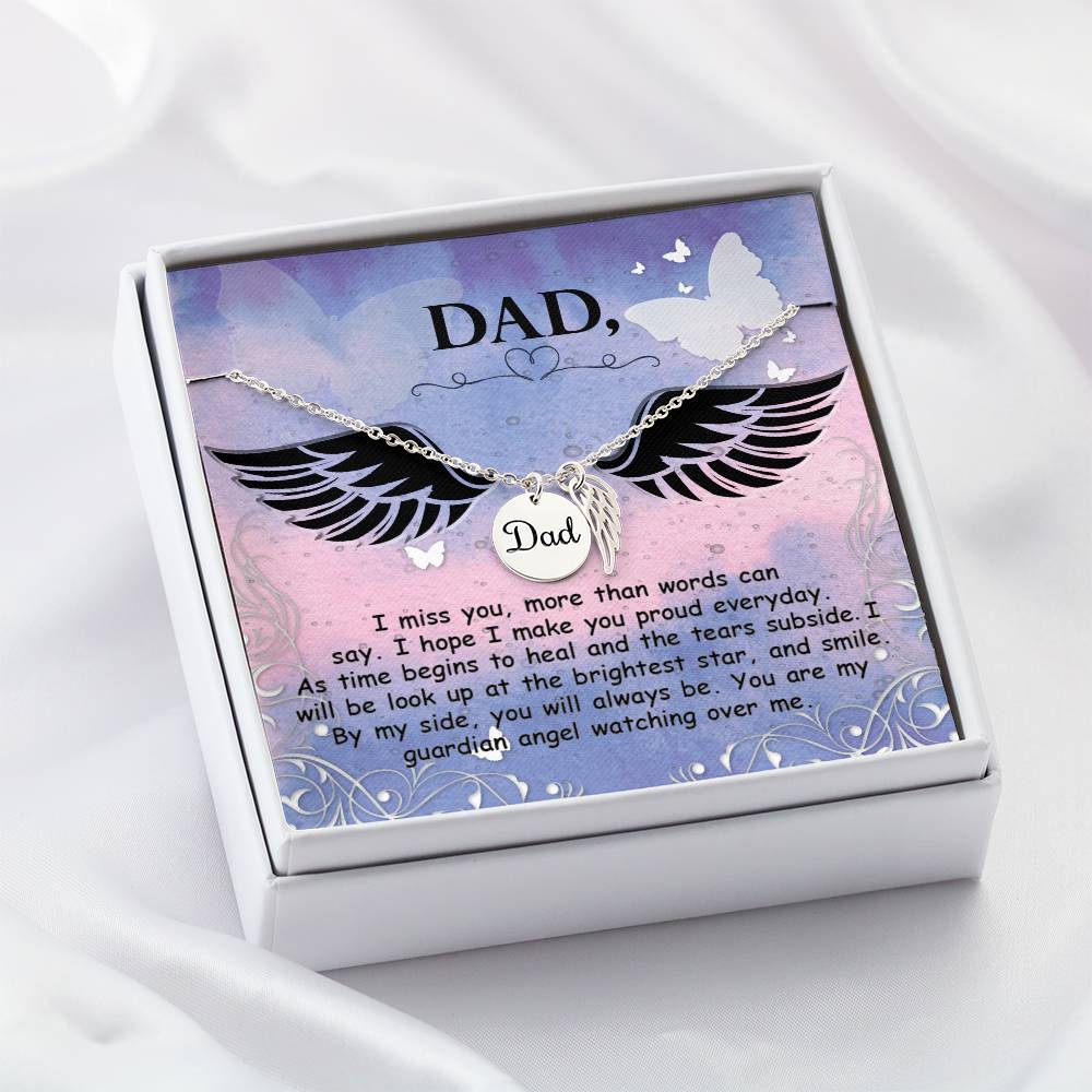 I Miss You More Remembrance Necklace for Dad Angel Wing Charm Stainless Steel or 18k Gold Finish-Express Your Love Gifts