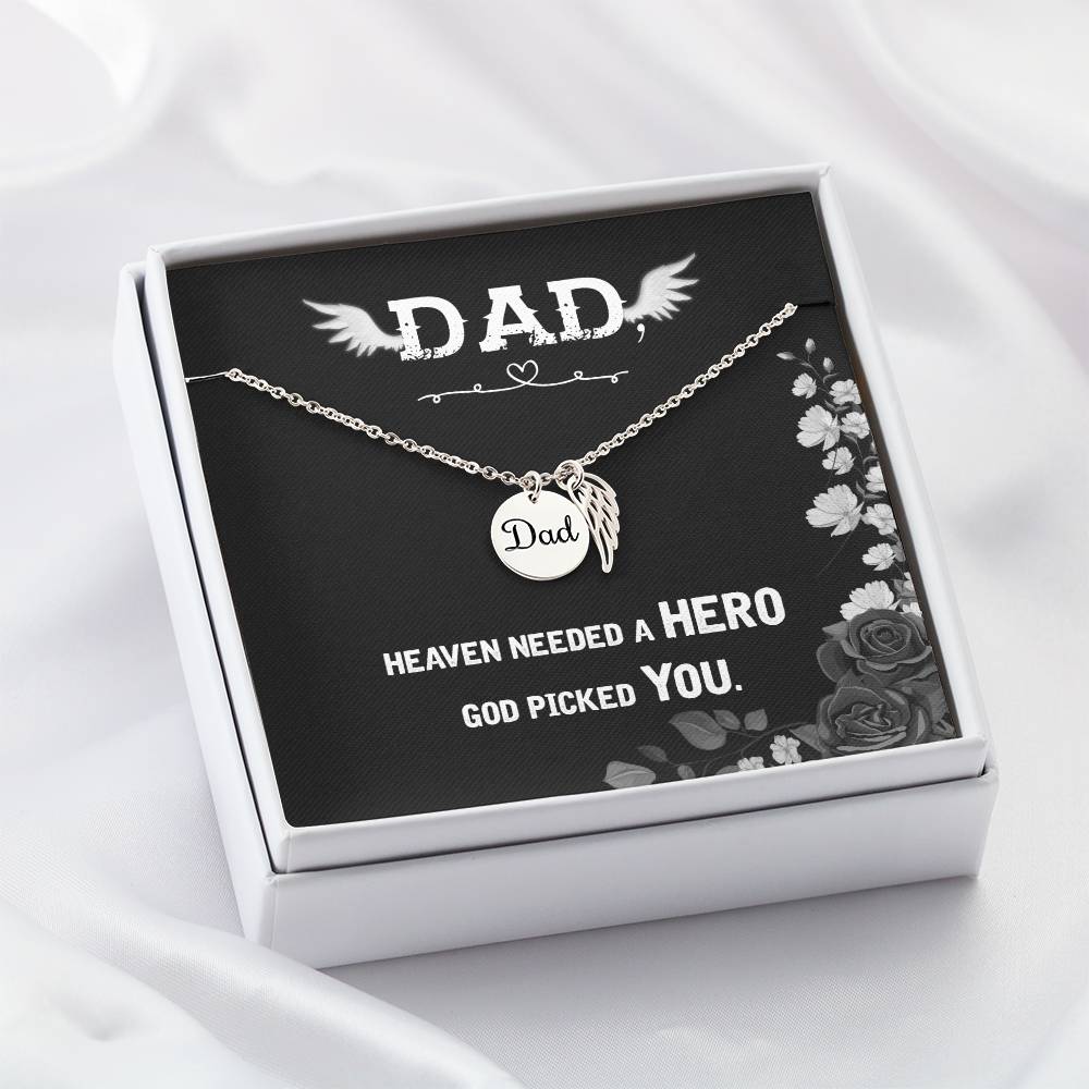 Heaven Needed a Hero Remembrance Necklace for Dad Angel Wing Charm Stainless Steel or 18k Gold Finish-Express Your Love Gifts