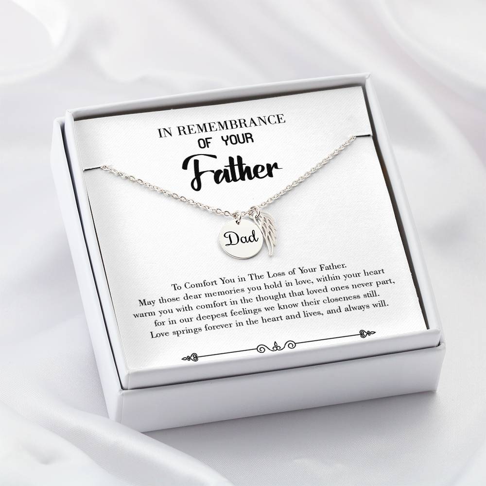 Love Springs Forever Remembrance Necklace for Dad Angel Wing Charm Stainless Steel or 18k Gold Finish-Express Your Love Gifts