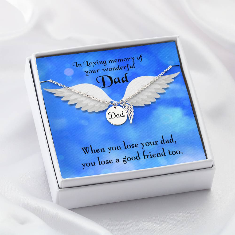 Dad and a Good Friend Remembrance Necklace for Dad Angel Wing Charm Stainless Steel or 18k Gold Finish-Express Your Love Gifts