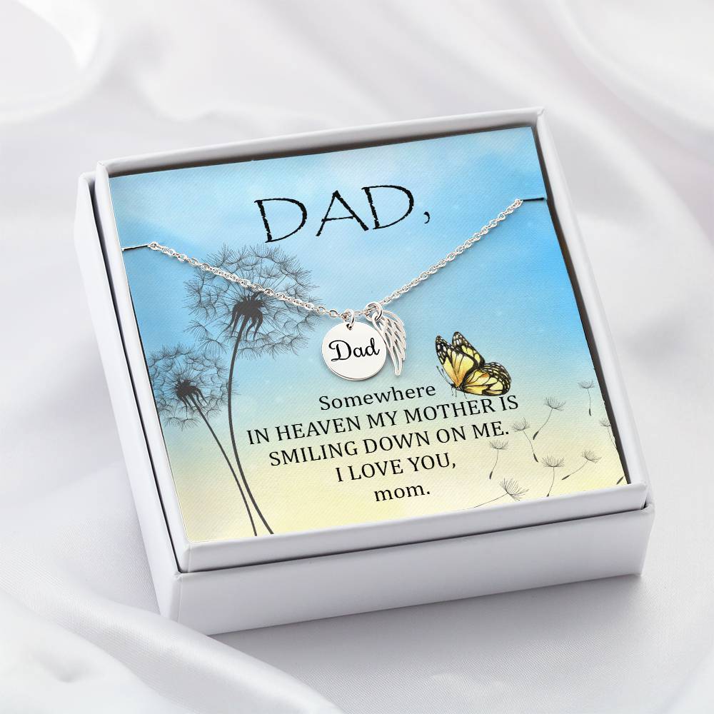 Somewhere in Heaven Remembrance Necklace for Dad Angel Wing Charm Stainless Steel or 18k Gold Finish-Express Your Love Gifts
