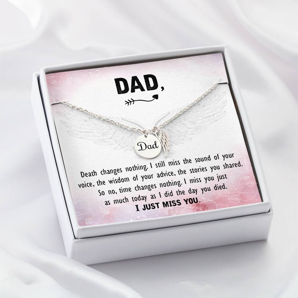 Death Changes Nothing Remembrance Necklace for Dad Angel Wing Charm Stainless Steel or 18k Gold Finish-Express Your Love Gifts