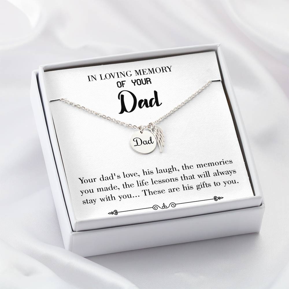 Life's Lesson Remembrance Necklace for Dad Angel Wing Charm Stainless Steel or 18k Gold Finish-Express Your Love Gifts