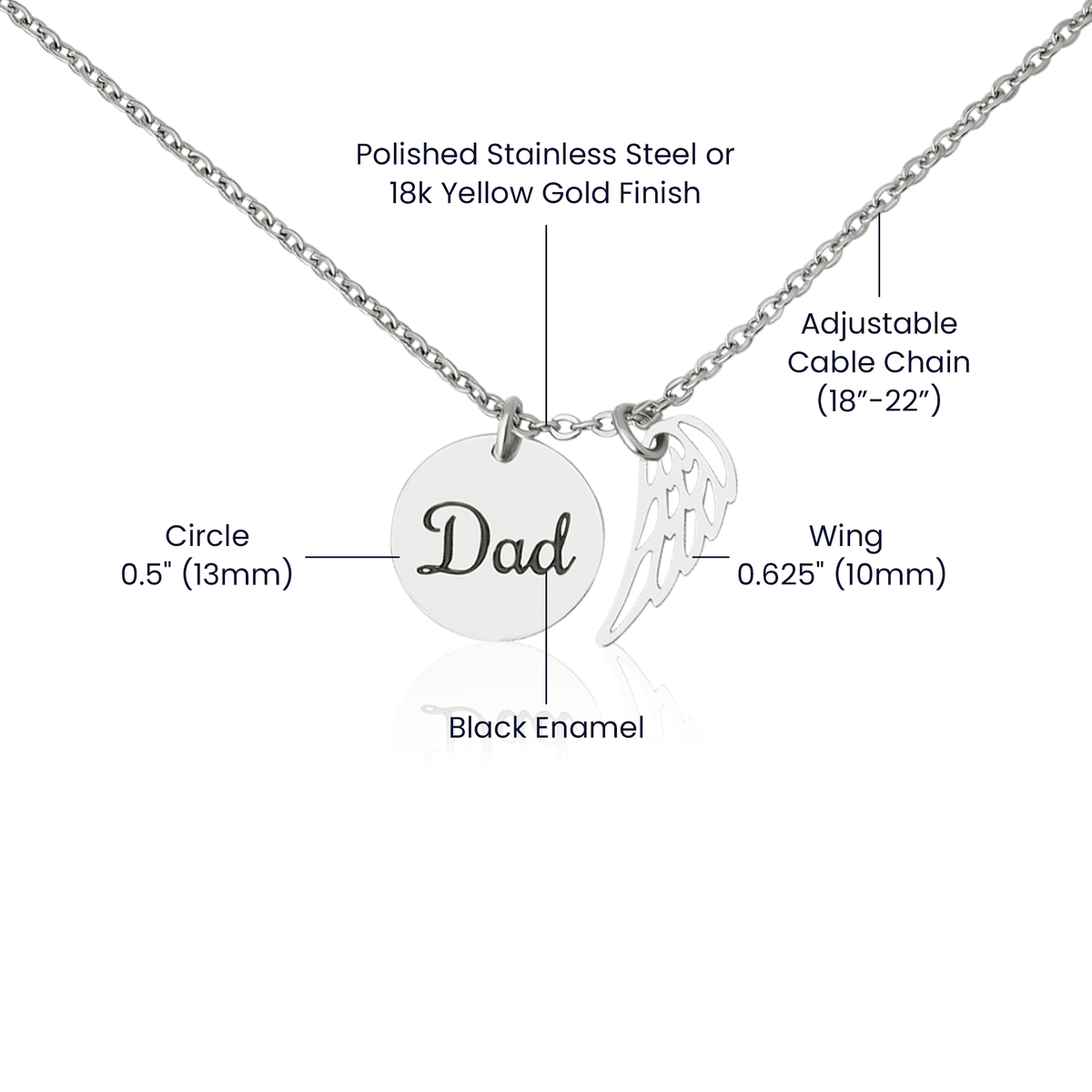 Somewhere in Heaven Remembrance Necklace for Dad Angel Wing Charm Stainless Steel or 18k Gold Finish-Express Your Love Gifts