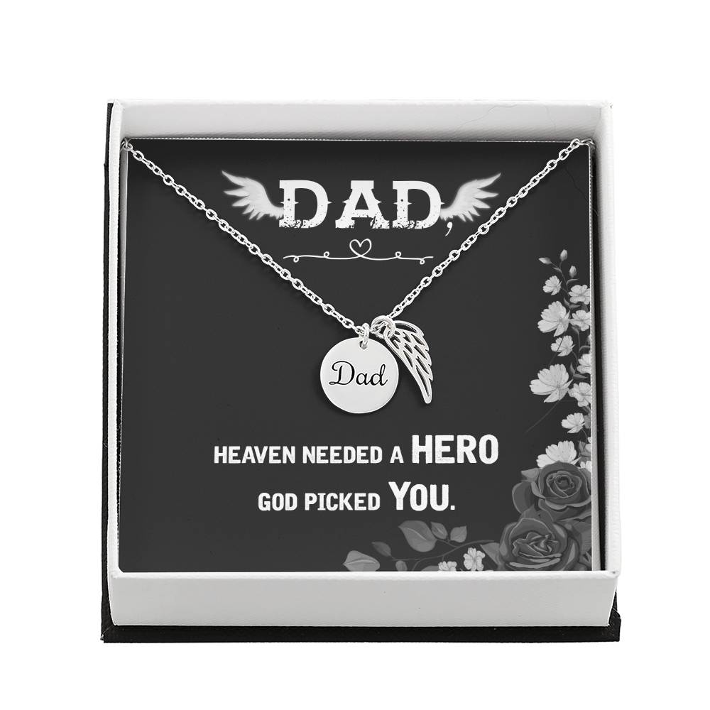 Heaven Needed a Hero Remembrance Necklace for Dad Angel Wing Charm Stainless Steel or 18k Gold Finish-Express Your Love Gifts