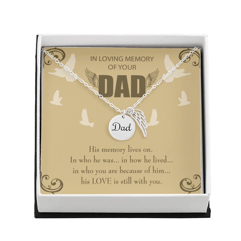 His Memory Lives On Remembrance Necklace for Dad Angel Wing Charm Stainless Steel or 18k Gold Finish-Express Your Love Gifts