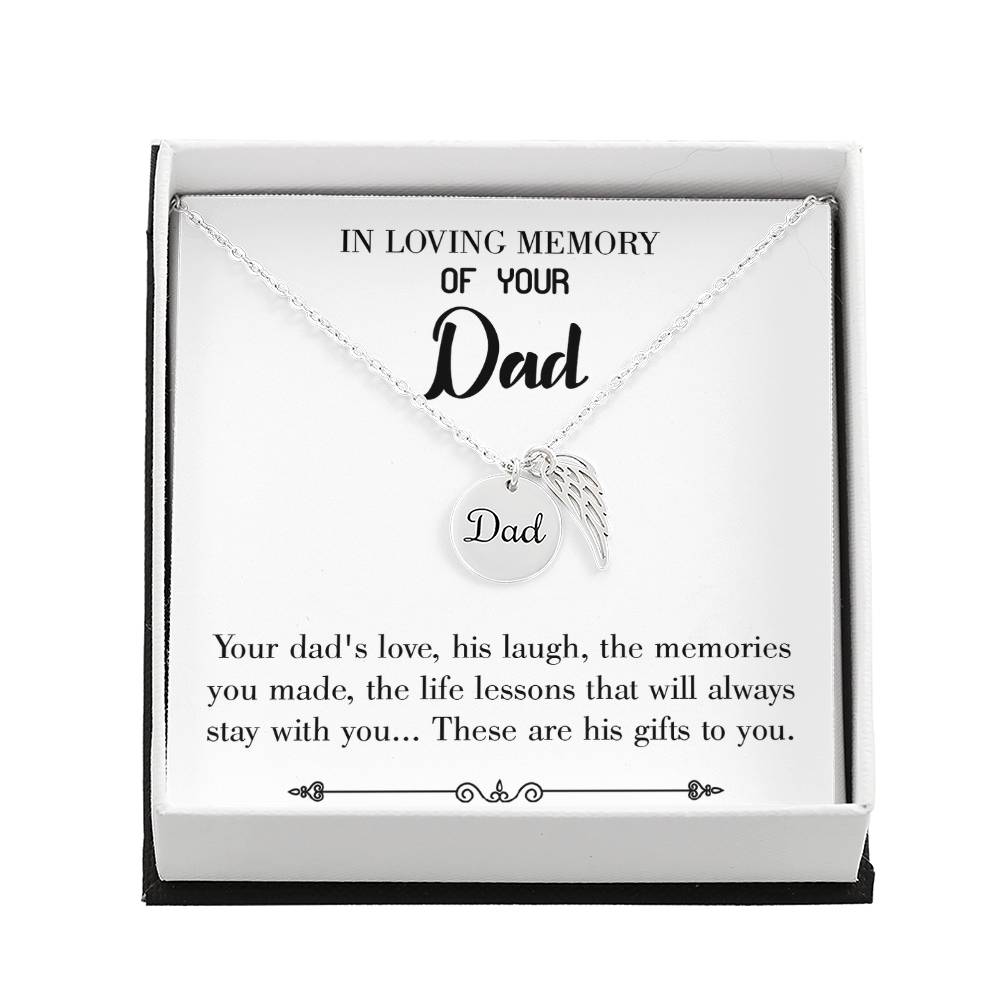Life's Lesson Remembrance Necklace for Dad Angel Wing Charm Stainless Steel or 18k Gold Finish-Express Your Love Gifts