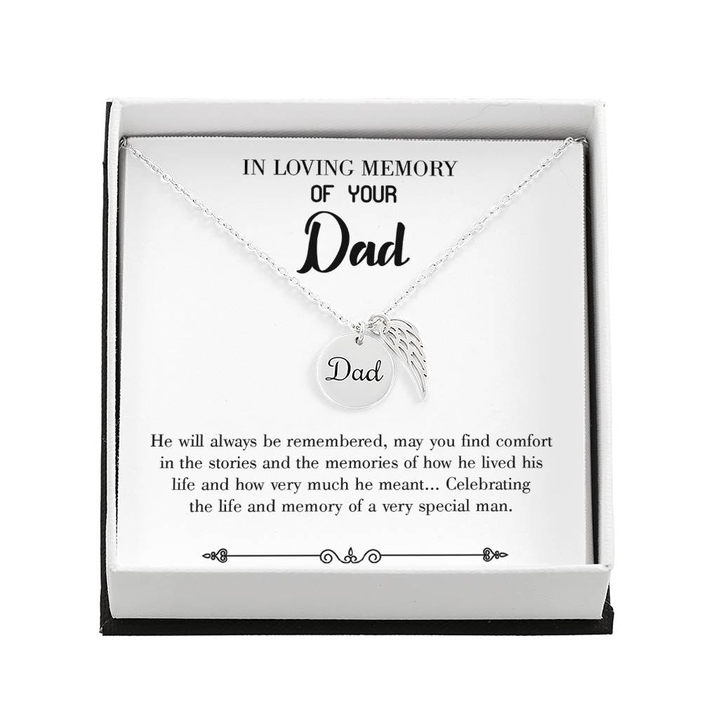 Celebrating Life Remembrance Necklace for Dad Angel Wing Charm Stainless Steel or 18k Gold Finish-Express Your Love Gifts