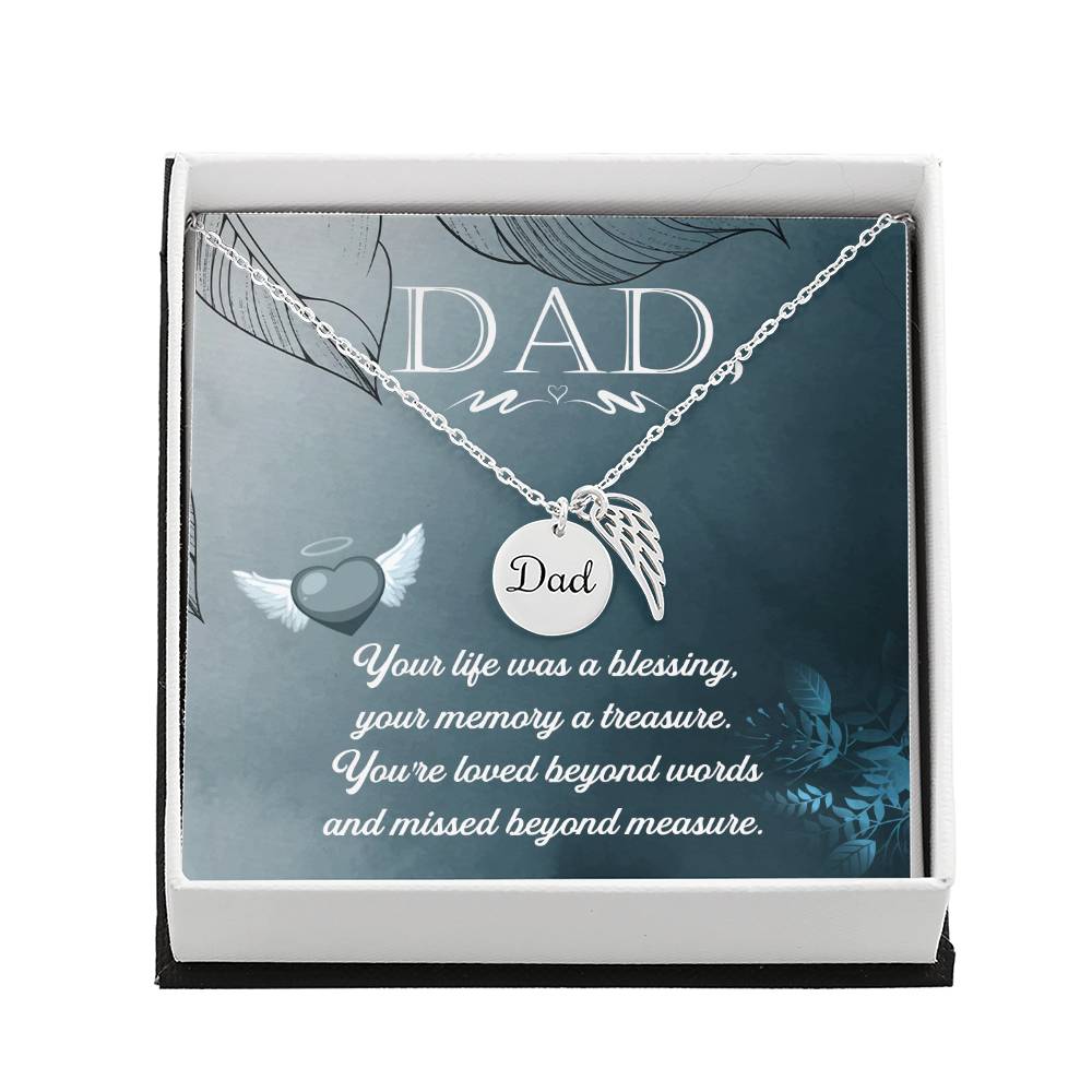 Your Life Was a Blessing Remembrance Necklace for Dad Angel Wing Charm Stainless Steel or 18k Gold Finish-Express Your Love Gifts