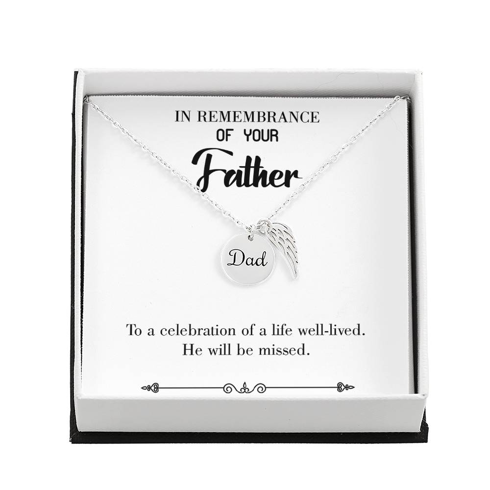 Celebration of a Life Remembrance Necklace for Dad Angel Wing Charm Stainless Steel or 18k Gold Finish-Express Your Love Gifts