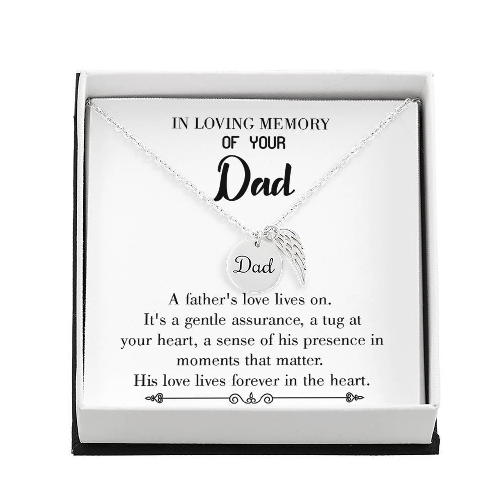 His Love Lives Forever Remembrance Necklace for Dad Angel Wing Charm Stainless Steel or 18k Gold Finish-Express Your Love Gifts