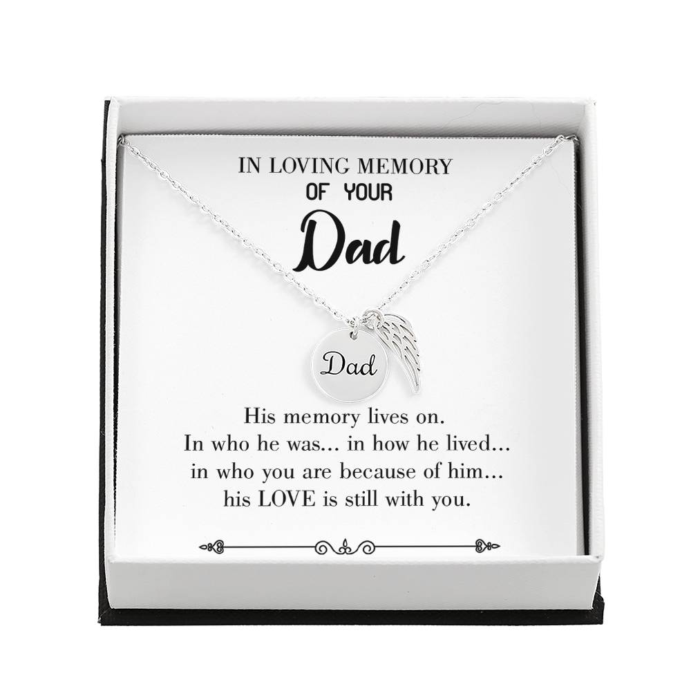 His Memory Lives Remembrance Necklace for Dad Angel Wing Charm Stainless Steel or 18k Gold Finish-Express Your Love Gifts