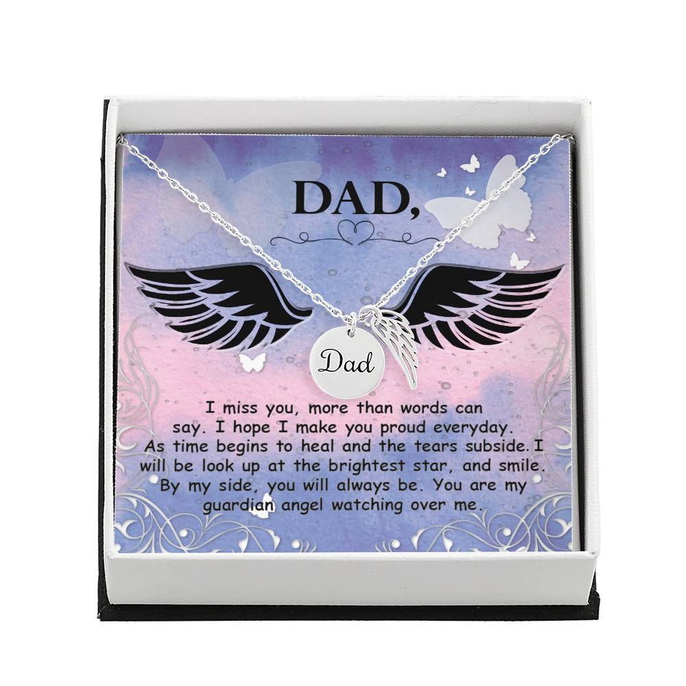 I Miss You More Remembrance Necklace for Dad Angel Wing Charm Stainless Steel or 18k Gold Finish-Express Your Love Gifts