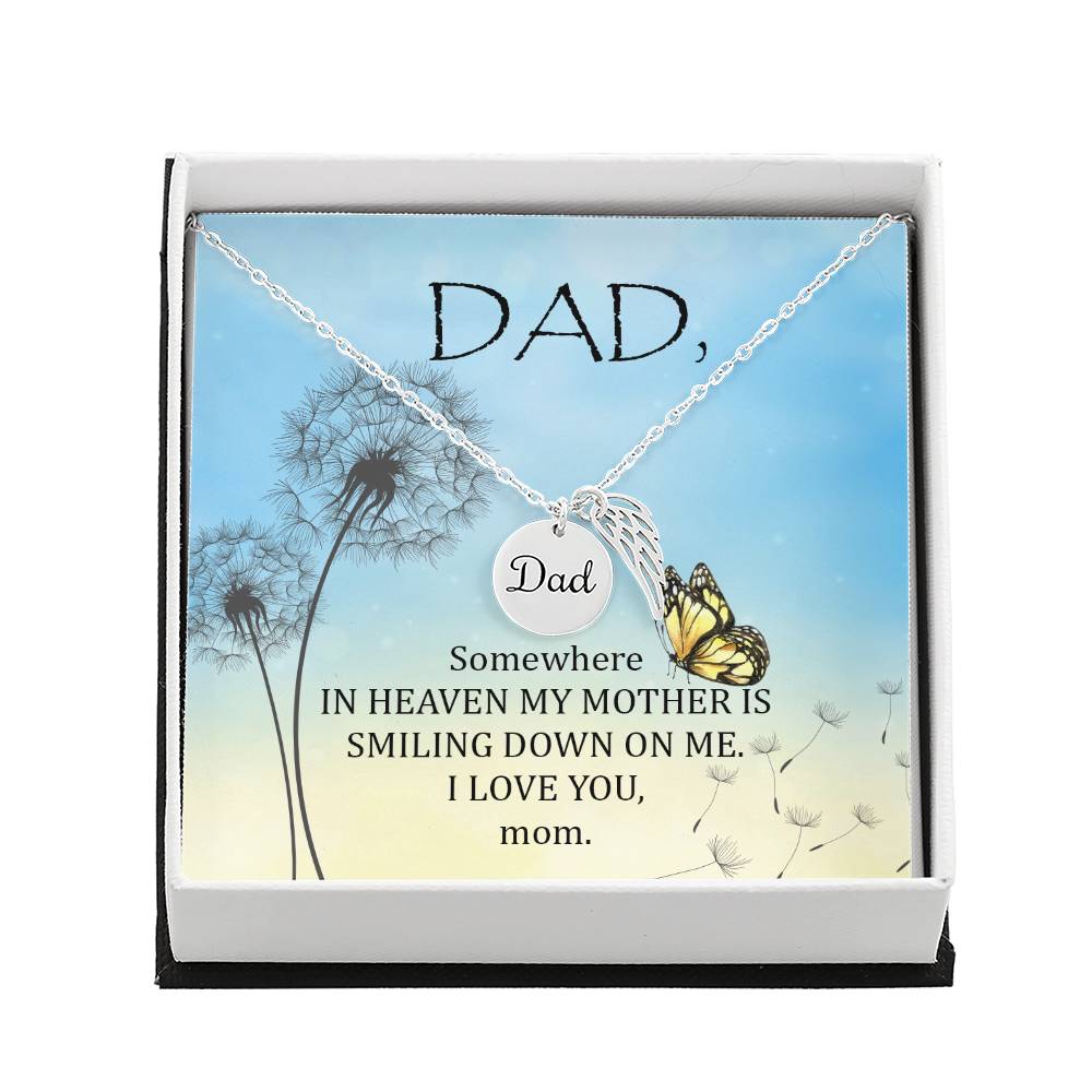Somewhere in Heaven Remembrance Necklace for Dad Angel Wing Charm Stainless Steel or 18k Gold Finish-Express Your Love Gifts
