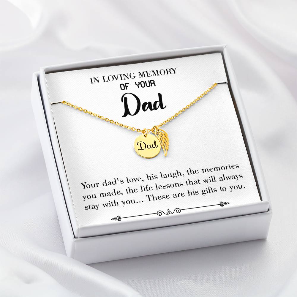 Life's Lesson Remembrance Necklace for Dad Angel Wing Charm Stainless Steel or 18k Gold Finish-Express Your Love Gifts
