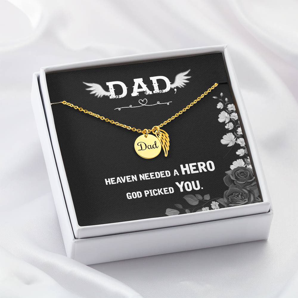 Heaven Needed a Hero Remembrance Necklace for Dad Angel Wing Charm Stainless Steel or 18k Gold Finish-Express Your Love Gifts