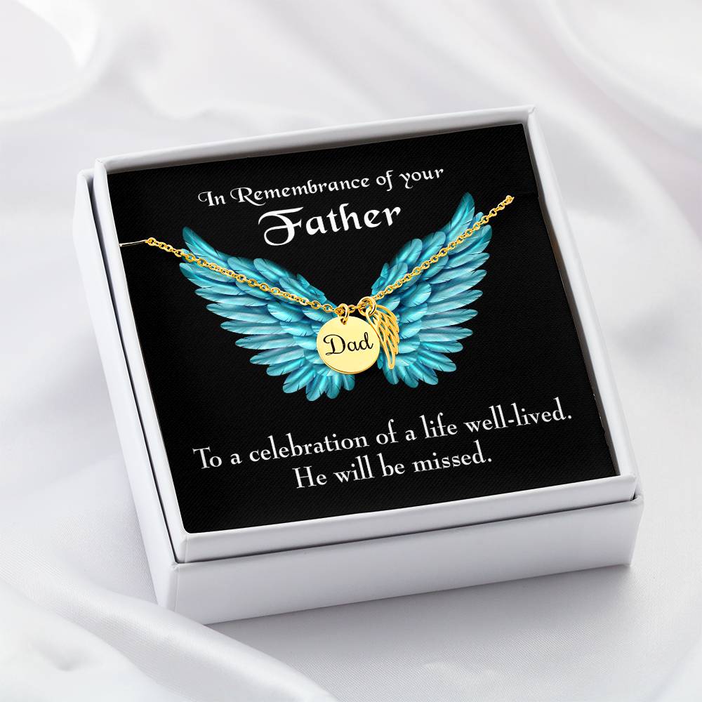 He Will Be Missed Remembrance Necklace for Dad Angel Wing Charm Stainless Steel or 18k Gold Finish-Express Your Love Gifts