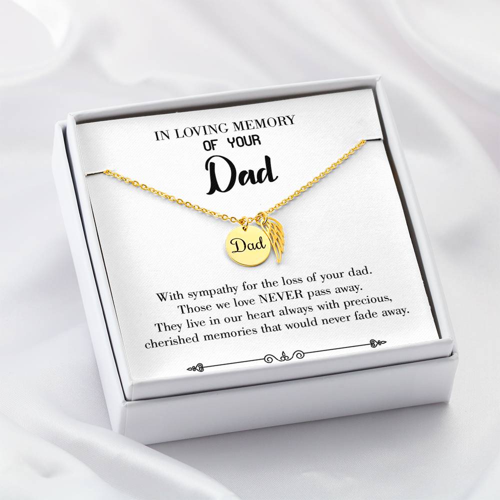 Never Fade Away Remembrance Necklace for Dad Angel Wing Charm Stainless Steel or 18k Gold Finish-Express Your Love Gifts