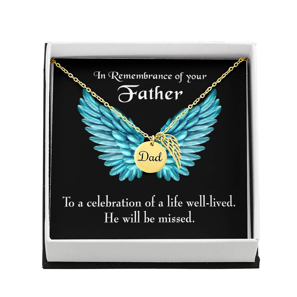 He Will Be Missed Remembrance Necklace for Dad Angel Wing Charm Stainless Steel or 18k Gold Finish-Express Your Love Gifts
