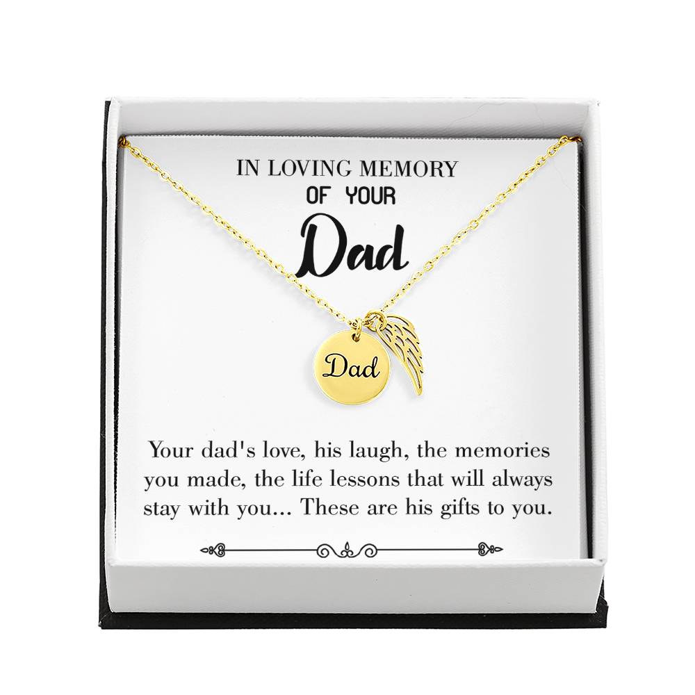 Life's Lesson Remembrance Necklace for Dad Angel Wing Charm Stainless Steel or 18k Gold Finish-Express Your Love Gifts