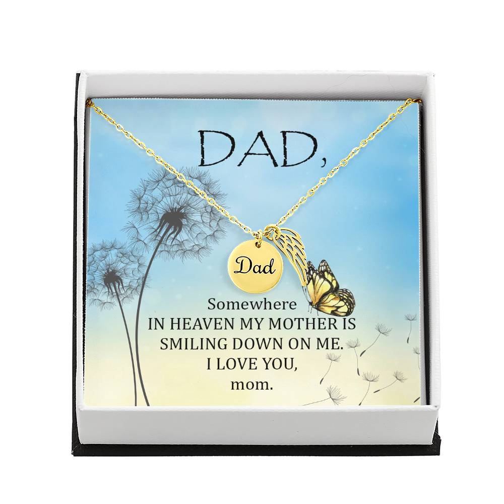 Somewhere in Heaven Remembrance Necklace for Dad Angel Wing Charm Stainless Steel or 18k Gold Finish-Express Your Love Gifts