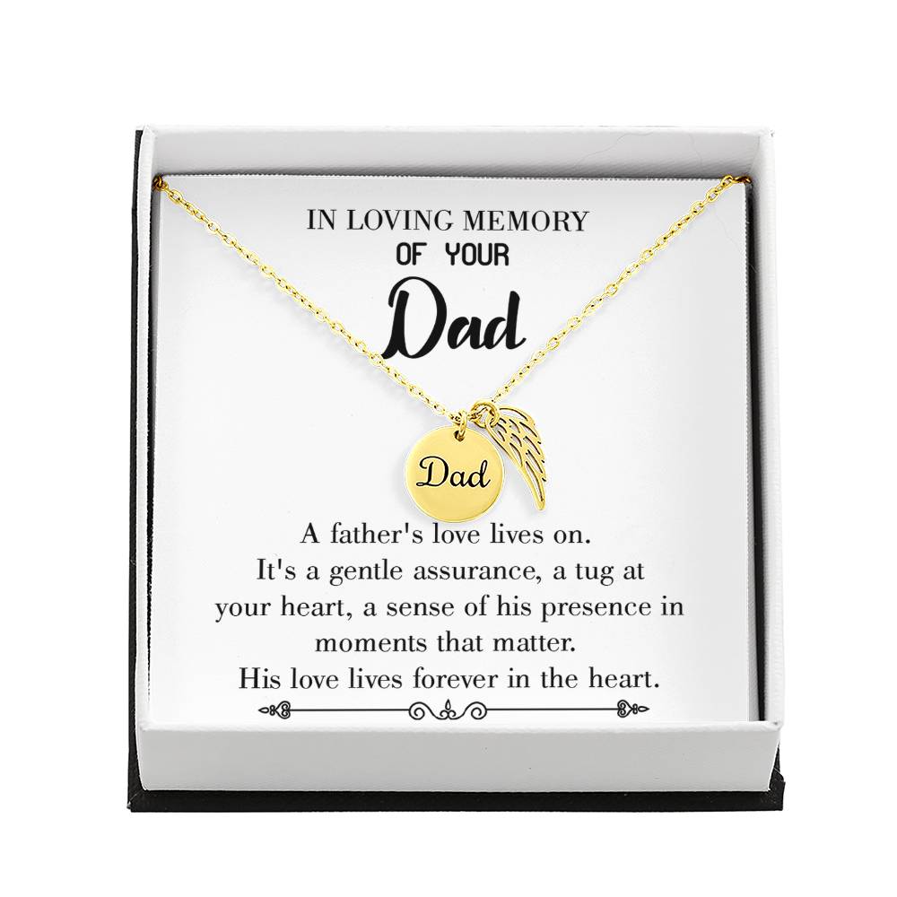His Love Lives Forever Remembrance Necklace for Dad Angel Wing Charm Stainless Steel or 18k Gold Finish-Express Your Love Gifts