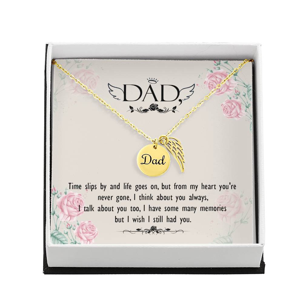 Time Slips By Remembrance Necklace for Dad Angel Wing Charm Stainless Steel or 18k Gold Finish-Express Your Love Gifts