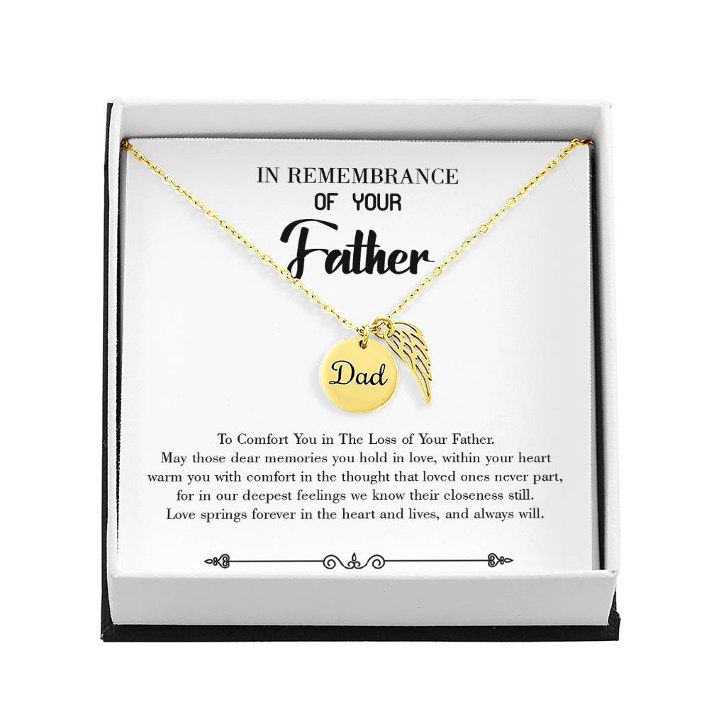 Love Springs Forever Remembrance Necklace for Dad Angel Wing Charm Stainless Steel or 18k Gold Finish-Express Your Love Gifts