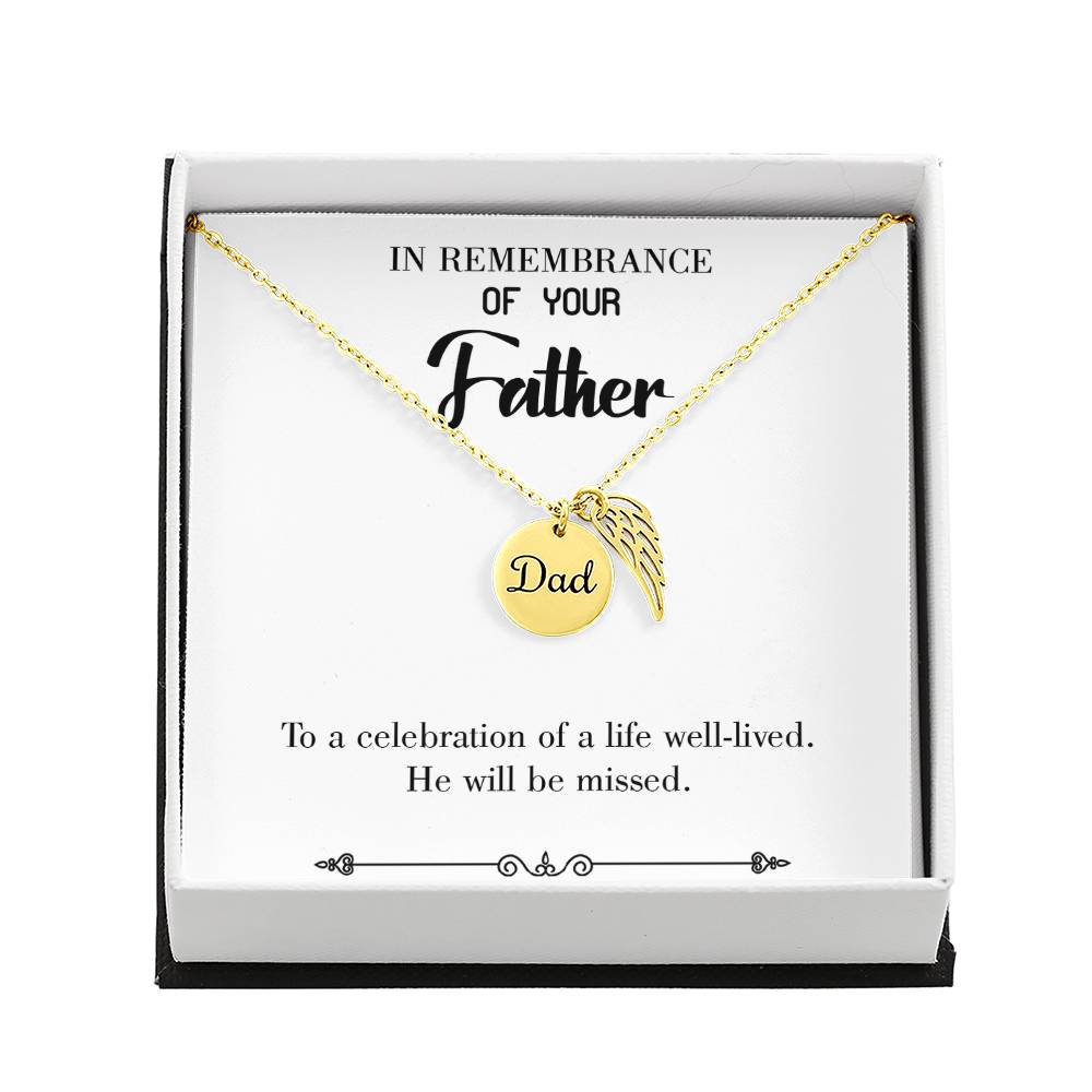 Celebration of a Life Remembrance Necklace for Dad Angel Wing Charm Stainless Steel or 18k Gold Finish-Express Your Love Gifts