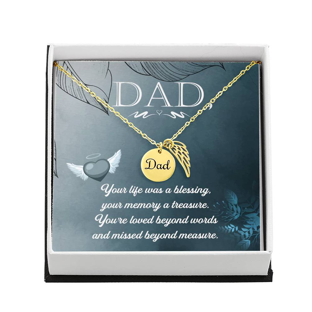 Your Life Was a Blessing Remembrance Necklace for Dad Angel Wing Charm Stainless Steel or 18k Gold Finish-Express Your Love Gifts