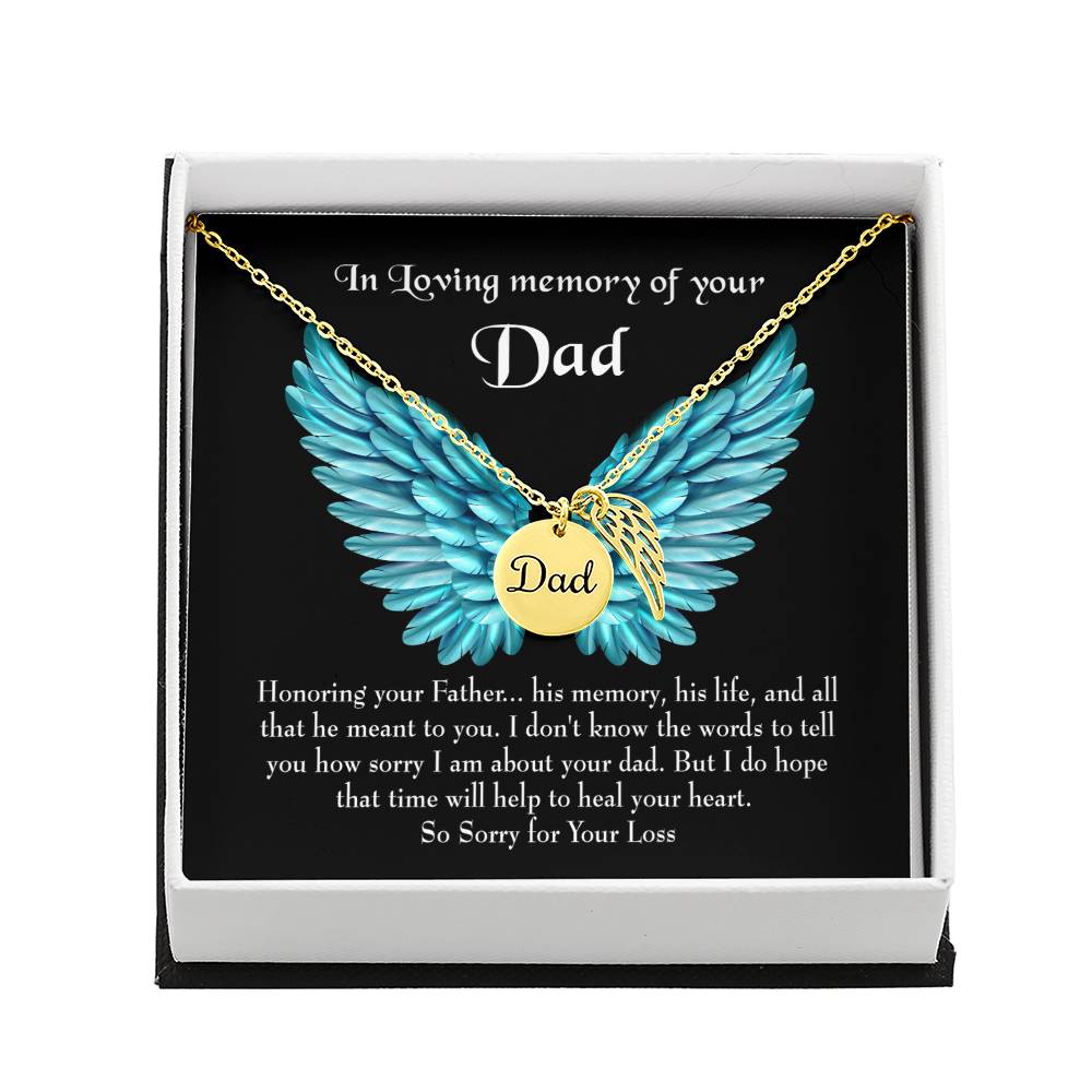 Honoring Your Dad Remembrance Necklace for Dad Angel Wing Charm Stainless Steel or 18k Gold Finish-Express Your Love Gifts
