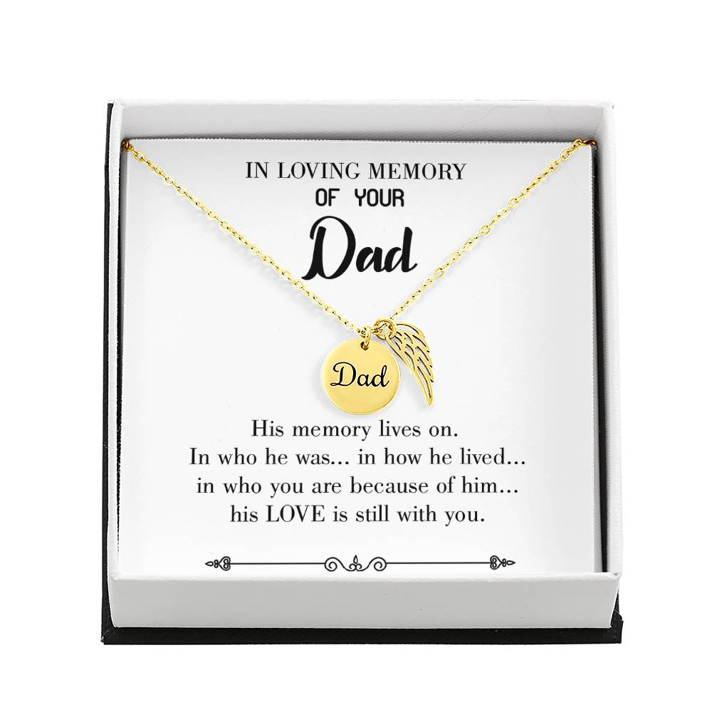 His Memory Lives Remembrance Necklace for Dad Angel Wing Charm Stainless Steel or 18k Gold Finish-Express Your Love Gifts