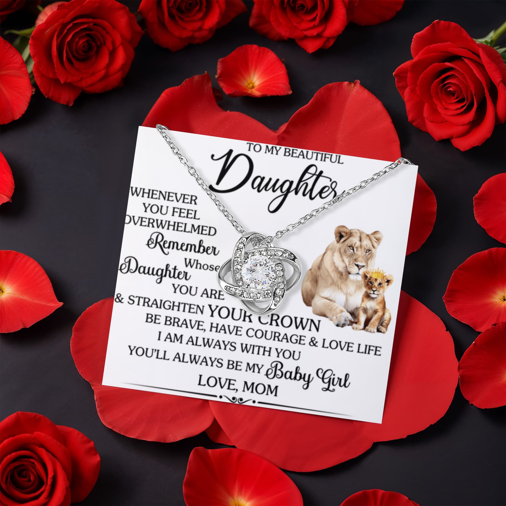 To My Daughter – Straighten Your Crown Love Knot Necklace with Rotating Rose Box-Express Your Love Gifts