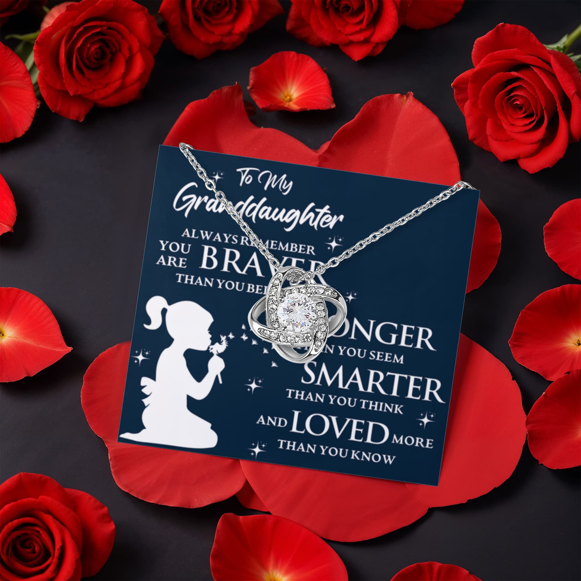 To My Granddaughter – Braver, Stronger, Smarter Love Knot Necklace with Rotating Rose Box-Express Your Love Gifts