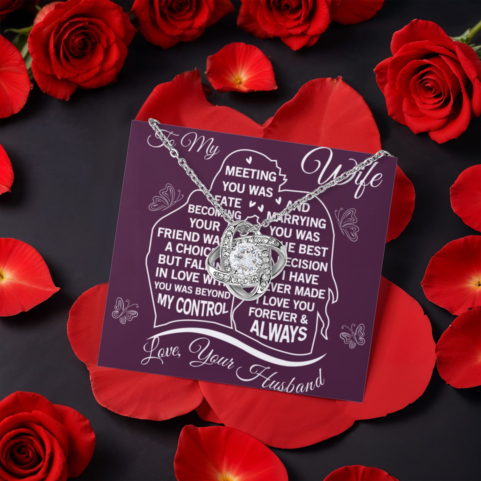 To My Wife – Meeting You Was Fate Love Knot Necklace with Rotating Rose Gift Box-Express Your Love Gifts