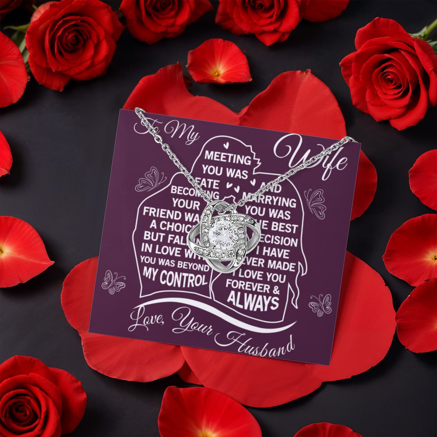 To My Wife – Meeting You Was Fate Love Knot Necklace with Rotating Rose Gift Box-Express Your Love Gifts