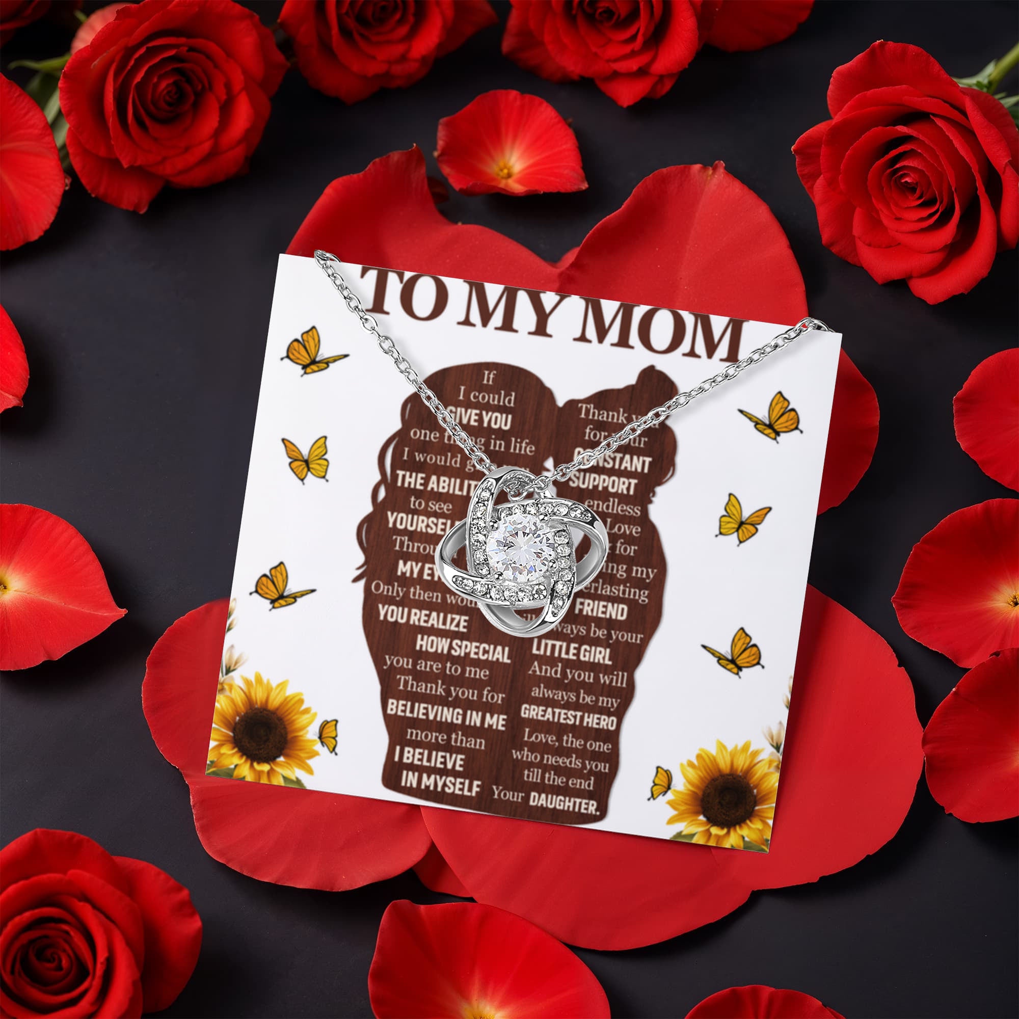 To My Mom – Constant Support Love Knot Necklace with Rotating Rose Box-Express Your Love Gifts