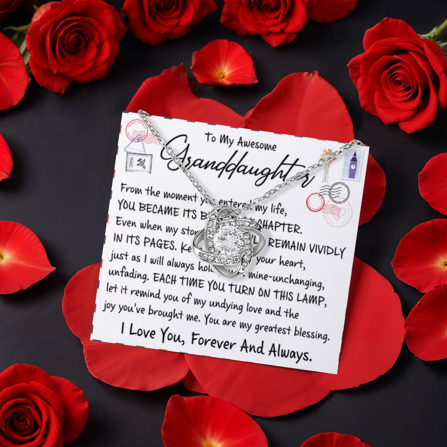 To My Granddaughter – Brightest Chapter Love Knot Necklace with Rotating Rose Box-Express Your Love Gifts