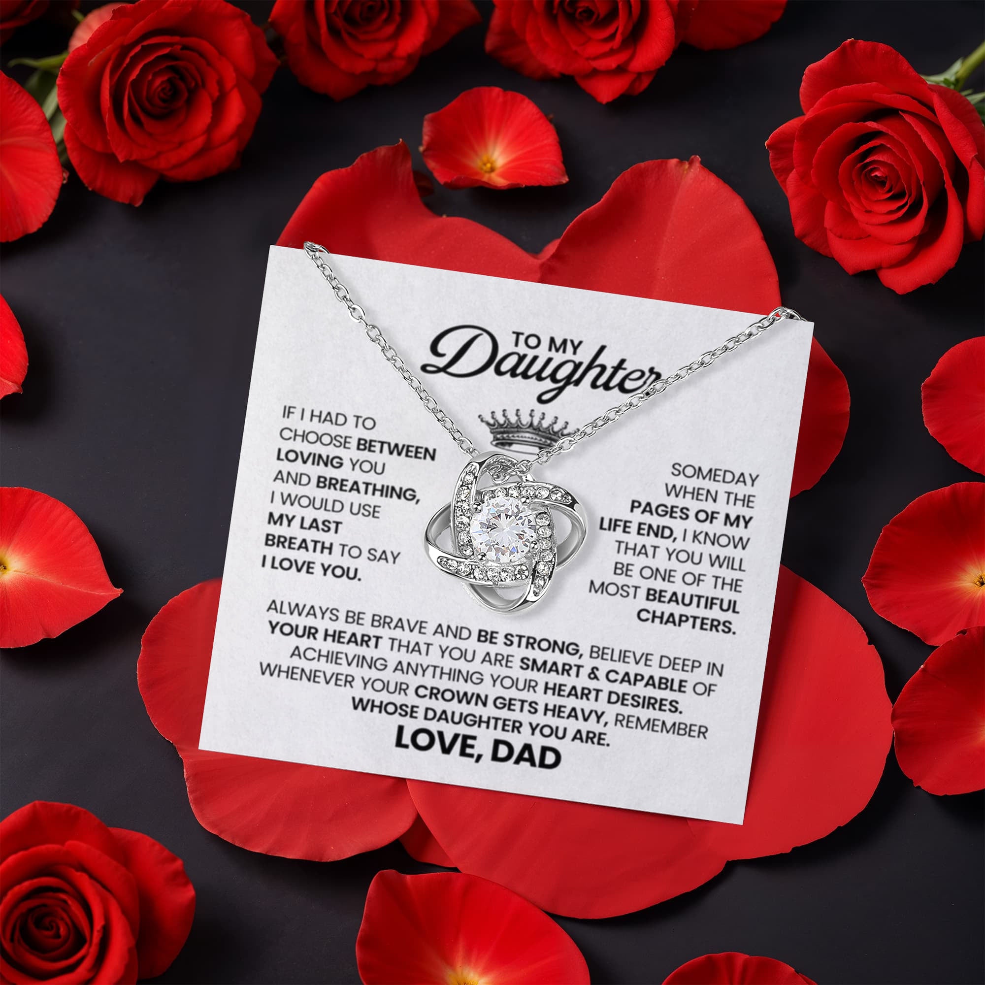 To My Daughter From Dad – Beautiful Chapter Love Knot Necklace with Rotating Rose Box-Express Your Love Gifts