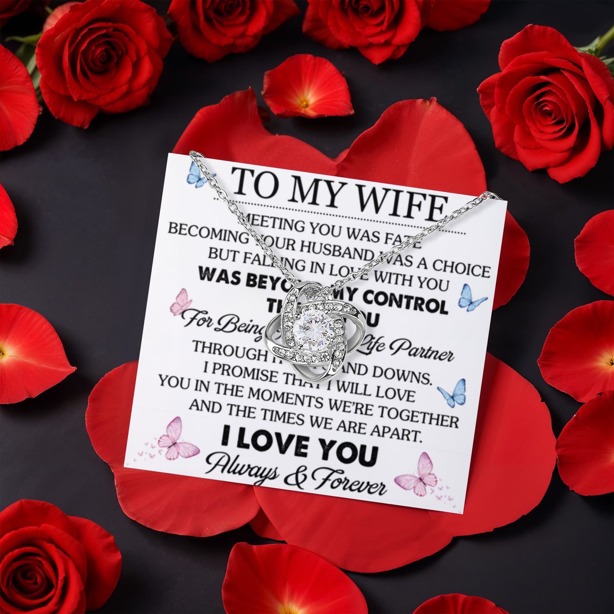 To My Wife – Great Life Partner Love Knot Necklace with Rotating Rose Gift Box-Express Your Love Gifts