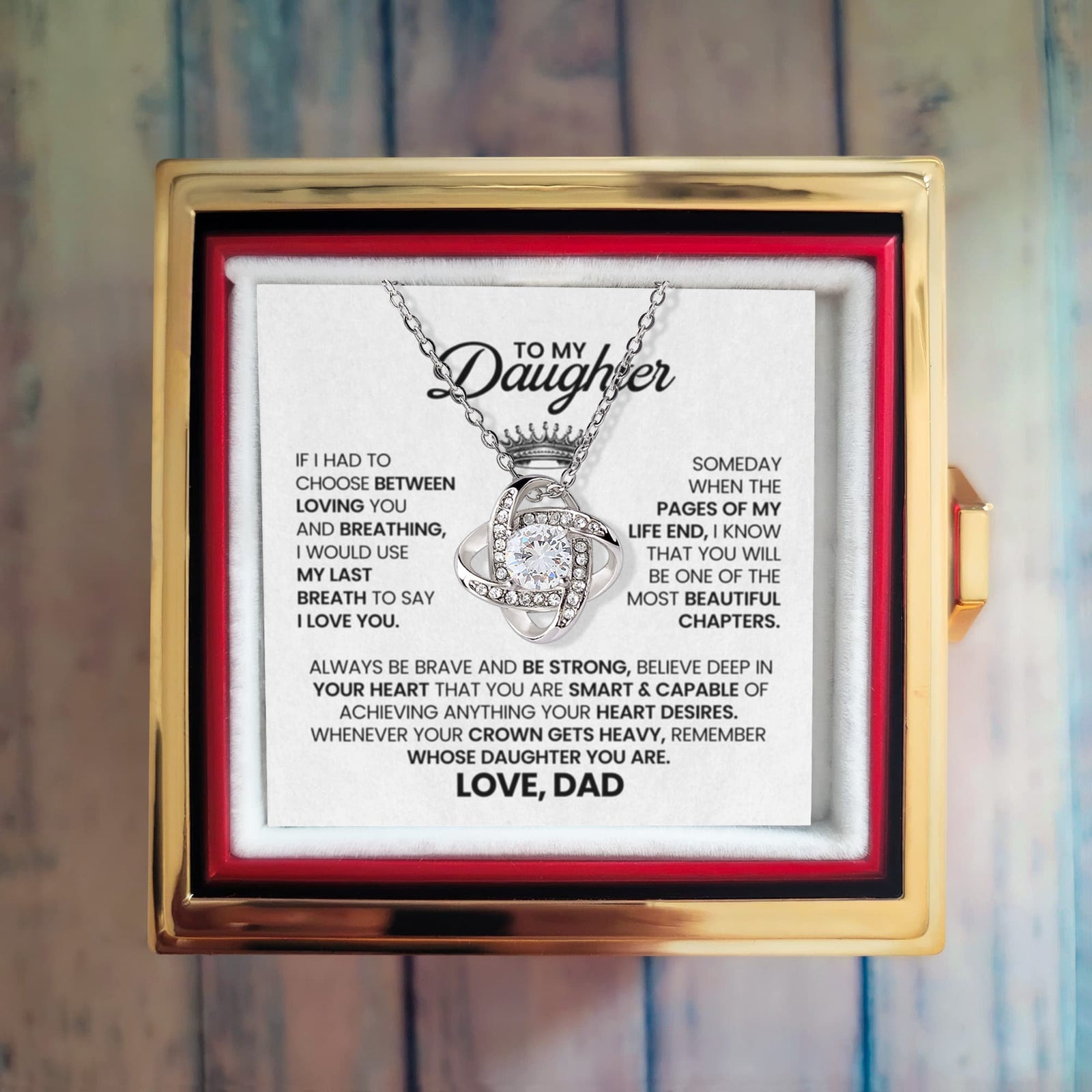 To My Daughter From Dad – Beautiful Chapter Love Knot Necklace with Rotating Rose Box-Express Your Love Gifts